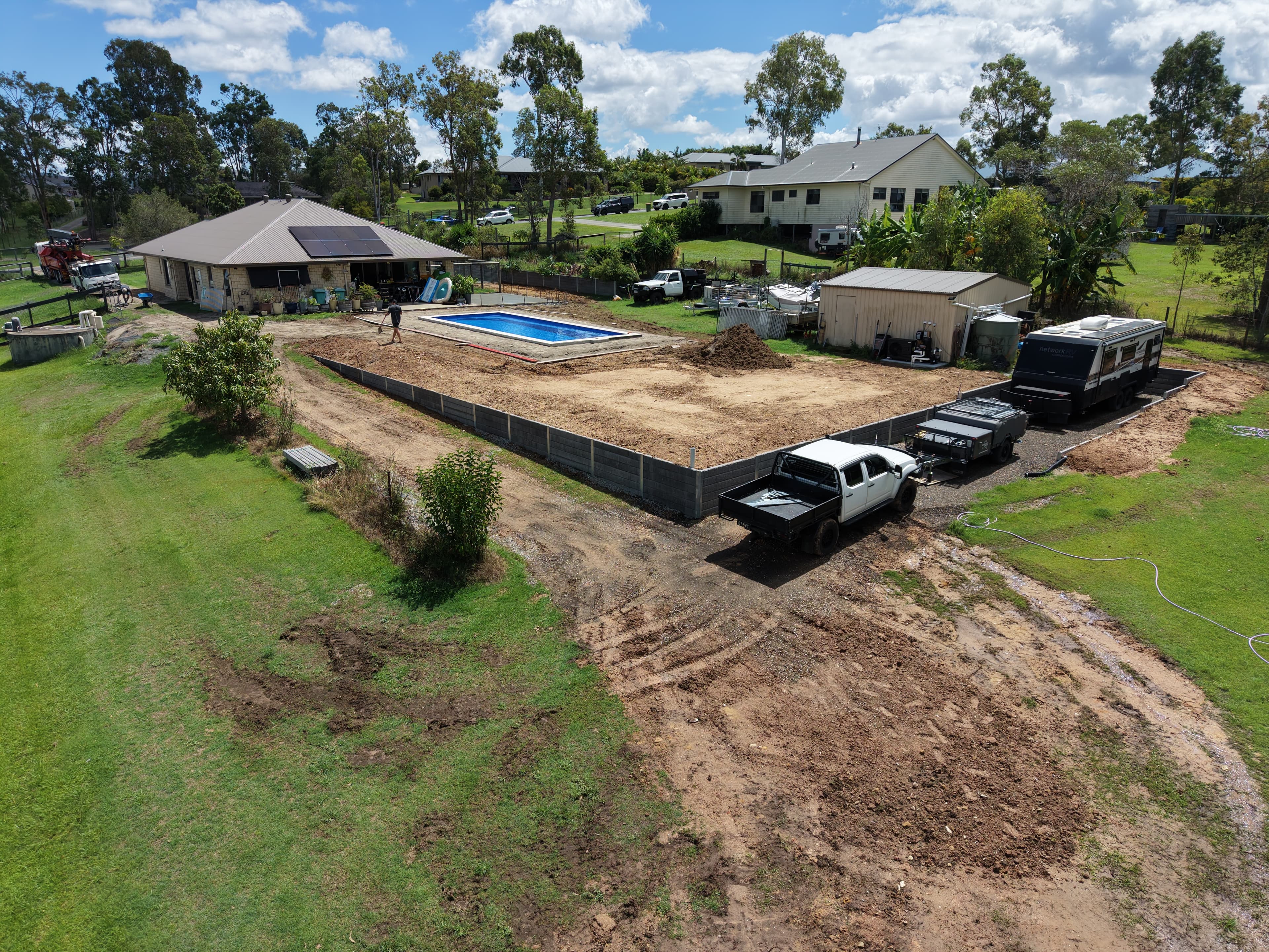 Aerial view of completed retaining wall with pool, Jimboomba QLD